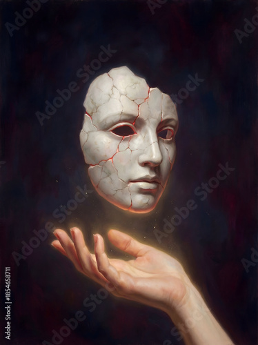 Surreal painting of a cracked porcelain mask floating over a hand representing identity and fragile psyche