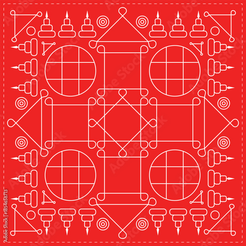 Traditional Thai Yantra cloth vector design. Sacred geometric symbols and spiritual talisman patterns in red and white for protection and luck.