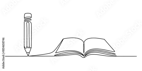 Continuous line drawing of a pencil writing in an open book Vector, illustration