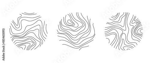 Circular wood rings logo set. Abstract topographic map line background set. Modern logo style terrain map illustration. Wood section texture circles. Collection of patterns vector Flat style design