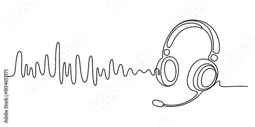 Continuous line drawing of headphones and sound wave Vector, illustration