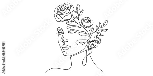 Minimalist continuous line drawing depicting a woman's face adorned with delicate roses and leaves Vector, illustration