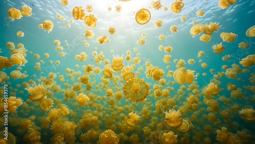Thousands of golden jellyfish swim in clear blue ocean water