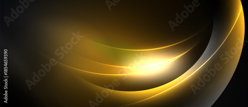 Abstract golden waves radiate from bright center. Smooth curves create dynamic, elegant visual effect. Dark background emphasizes luminosity.