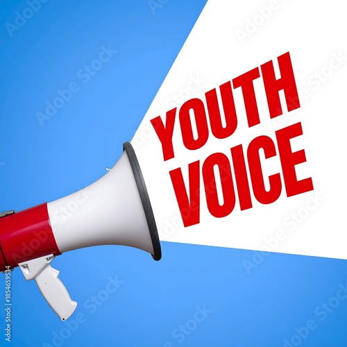 A red and white megaphone projects the words 