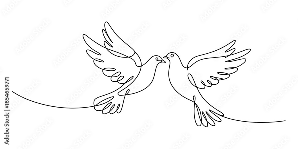 Obraz premium Continuous line drawing of two doves symbolising love and peace. Vector, illustration