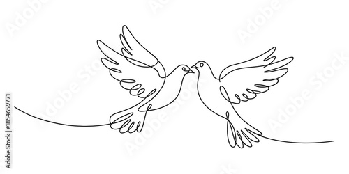 Continuous line drawing of two doves symbolising love and peace. Vector, illustration