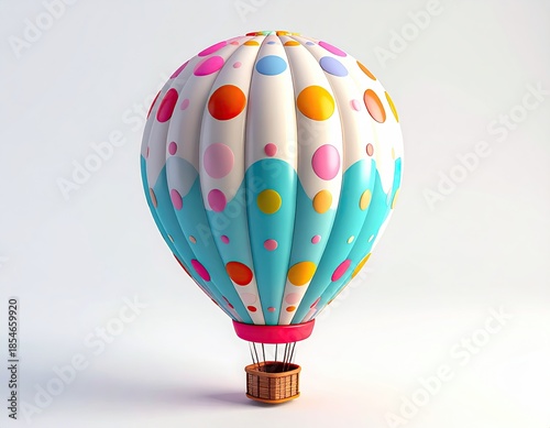 Whimsical hot air balloon with vibrant polka dots and a basket, centered