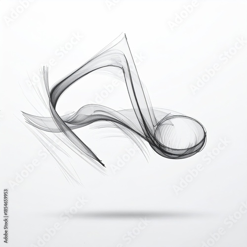 Abstract grayscale musical note floating against a white background