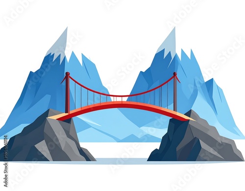 A red bridge spans a gap between two icy mountains