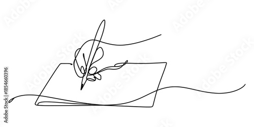 Continuous line drawing representing a hand holding a pen and writing on paper Vector, illustration
