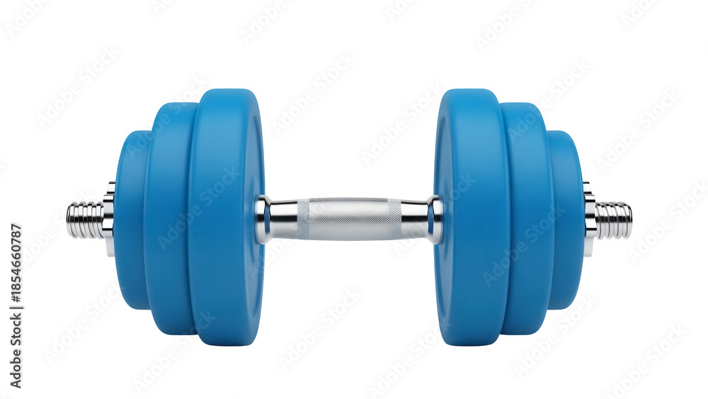 Fototapeta premium Blue dumbbell isolated PNG, fitness equipment for strength training and bodybuilding on transparent background, exercise tool