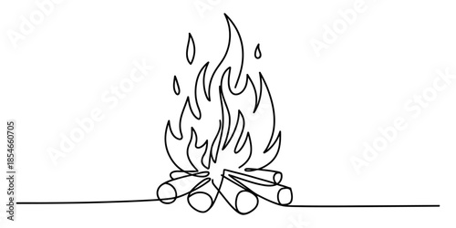 Continuous single line drawing depicting a cozy campfire with logs and rising flames Vector, illustration