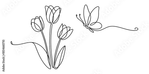 A single continuous line drawing capturing the essence of spring with tulips and a butterfly Vector, illustration