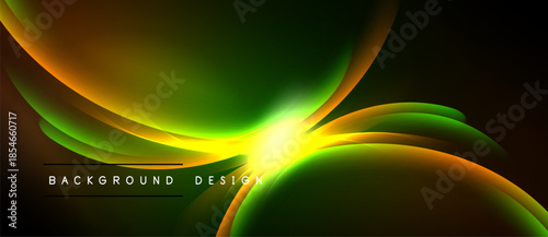 Abstract flowing shapes, vibrant colors blend. Yellow center radiates outward, green, orange hues dominate dark background. Modern design element.