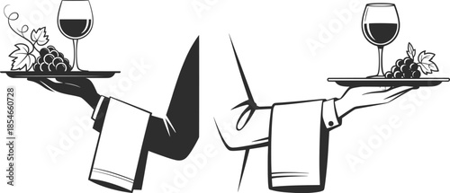 Waiter Serving Wine and Gourmet Food Illustration.