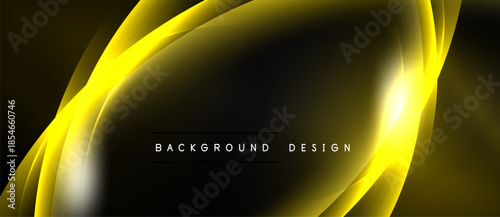 Abstract yellow waves over black backdrop. Modern design features bright highlights, smooth curves, elegant presentation. Simple, dynamic composition.