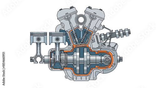 Detailed cutaway illustration of a V-twin engine showing internal components and lubrication system