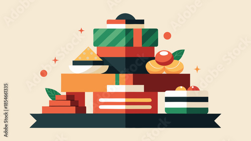 Traditional new year food and drinks from different countries shown as festive flat vector illustration with stacked dishes and holiday elements