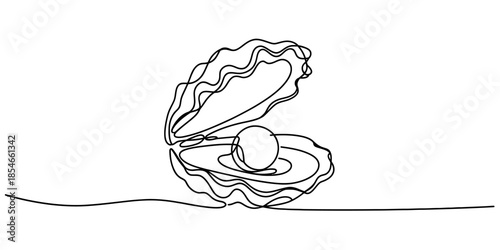 Continuous line drawing of an open oyster shell with a pearl inside Vector, illustration