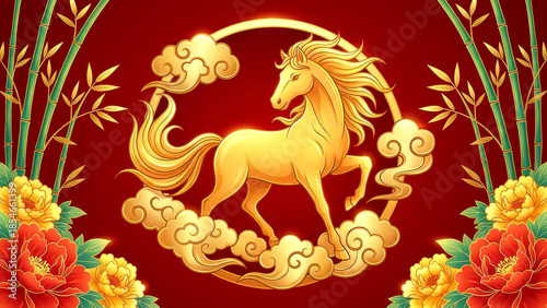 Golden Chinese Zodiac Horse with Auspicious Clouds, Peonies, and Bamboo on Red