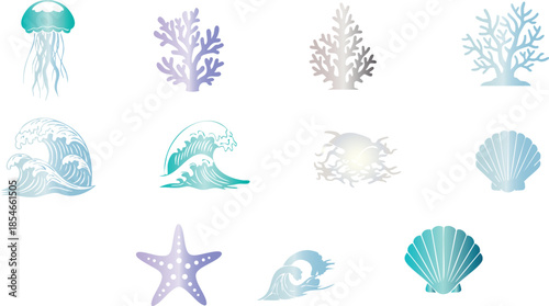 Collection of ocean-themed including jellyfish, coral, waves, seashells, and starfish
