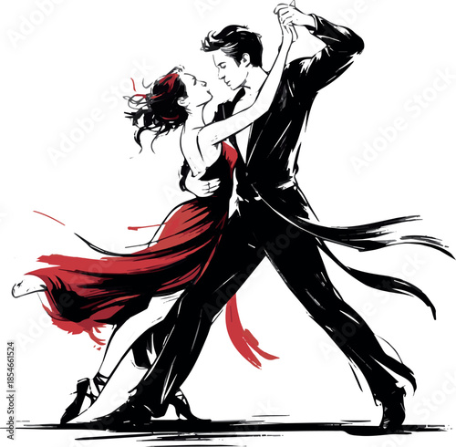 Create Couple in Passionate Dance Graphic Isolated on White Background, Painting in Black and Red