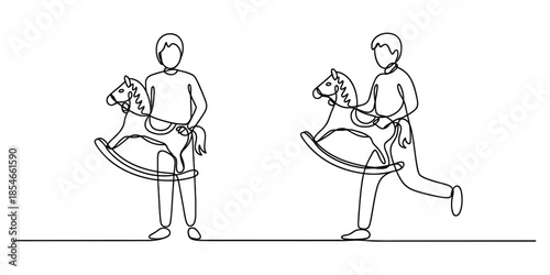 Continuous single line drawing of a person carrying a rocking horse, capturing two different poses Vector, illustration