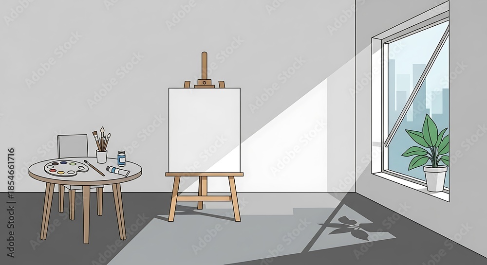 Fototapeta premium Modern artist workspace with easel and laptop.