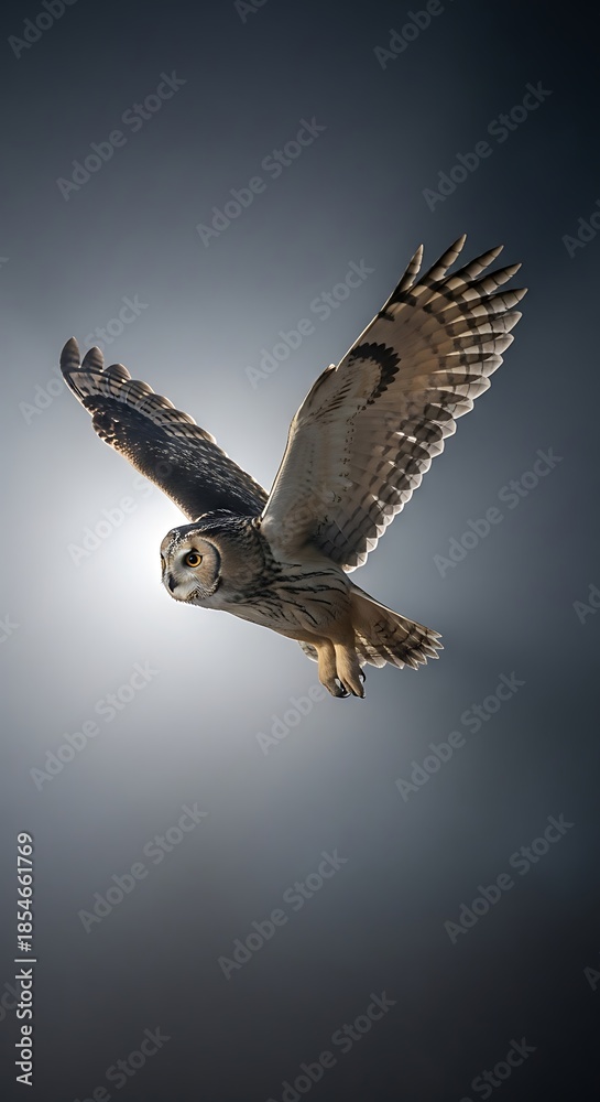 Fototapeta premium Brown bird flying in sunlight.