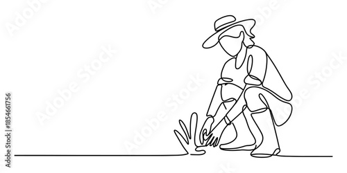 Gardener in a hat tending to plants with a single line drawing Vector, illustration
