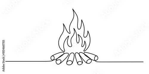 Continuous line art illustration of a burning campfire with logs on a white background Vector, illustration