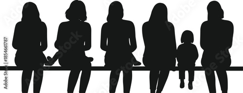 Bench silhouette illustration, seated people design, black figures art, family moment, social interaction pose, child and adults