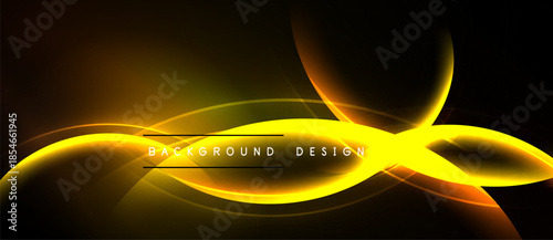 Dynamic golden waves flow across dark backdrop. Abstract lines create modern visual effect. Bright energy radiates from center.