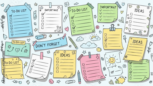 Collection of Hand Drawn To Do Lists and Idea Notes Pinned on a Wall.