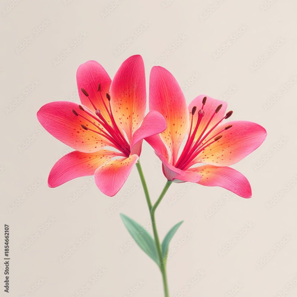 Naklejka premium Pink lily flower delicate petals green stem soft background vibrant color closeup natural beauty blooming elegant photorealistic limited edition