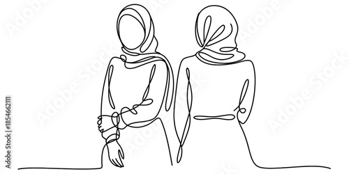 Continuous line art of two women in hijab demonstrating friendship and unity Vector, illustration