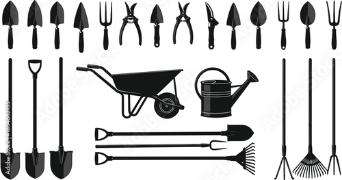 Gardening tool silhouette grid, black equipment illustration, hand and long tools, wheelbarrow watering can, landscaping design