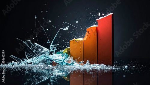 Graph Destruction: An evocative artistic rendering of a bar graph shattered into pieces, symbolizing brokenness, failure, and the fragility of financial structures.