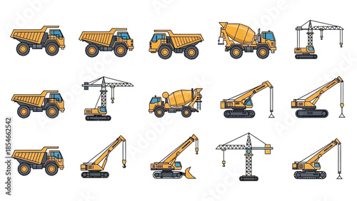 Construction Equipment Illustration Dump Trucks, Cranes, and Concrete Mixers for Building and Construction Projects