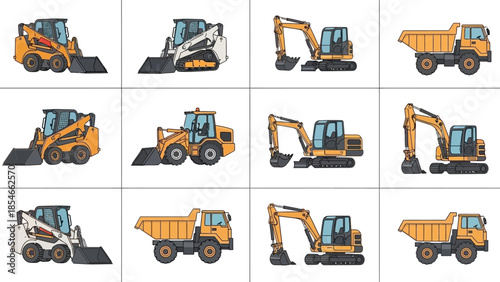Construction Equipment Collection Skid Steer Loaders, Excavators, and Dump Trucks Illustrated