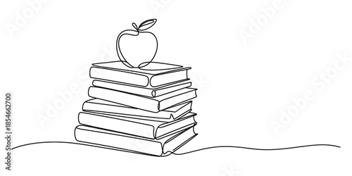 Single line drawing of books stacked high with an apple on the top representing education. Vector, illustration