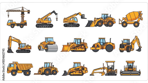 Set of construction vehicles and machinery icons isolated, useful for design elements