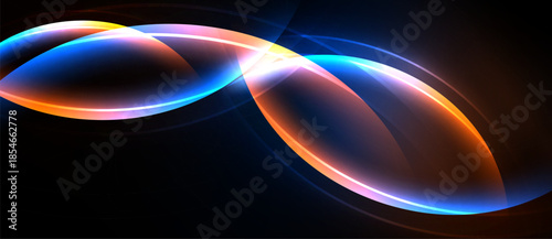 Abstract glowing shapes overlap, creating dynamic light effects. Blue, orange, pink hues dominate dark background. Modern design.