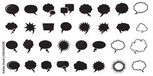 Set of black speech bubbles and thought clouds. Comic book style communication balloons and explosion shapes for dialogue, chat, and graphic design elements.
