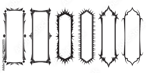 Set of vertical gothic and thorny black decorative frames. Ornamental borders with sharp edges for fantasy themes, mystical designs, and creative invitation cards.