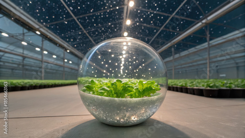 Bio renewable lab innovation. hydroponic lettuce farm with plants in crystal sphere under greenhouse roof