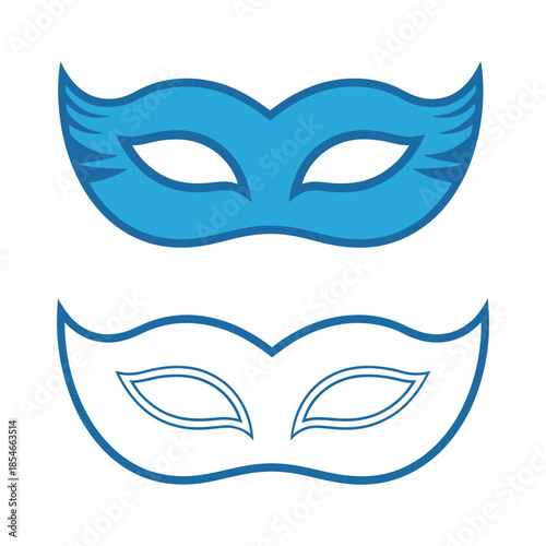 Blue Masquerade Mask Vector Set – Carnival Costume Icon and Outline Illustration
