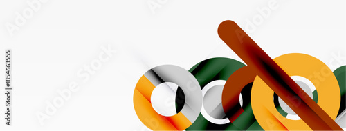 Abstract shapes overlap, creating dynamic composition. Colors include orange, gray, brown, green. Minimalist design with bright highlights.