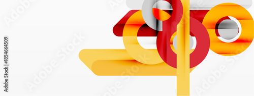 Abstract design features layered shapes, warm colors. Red, orange, yellow tones create dynamic composition. Minimalist style, modern aesthetic.